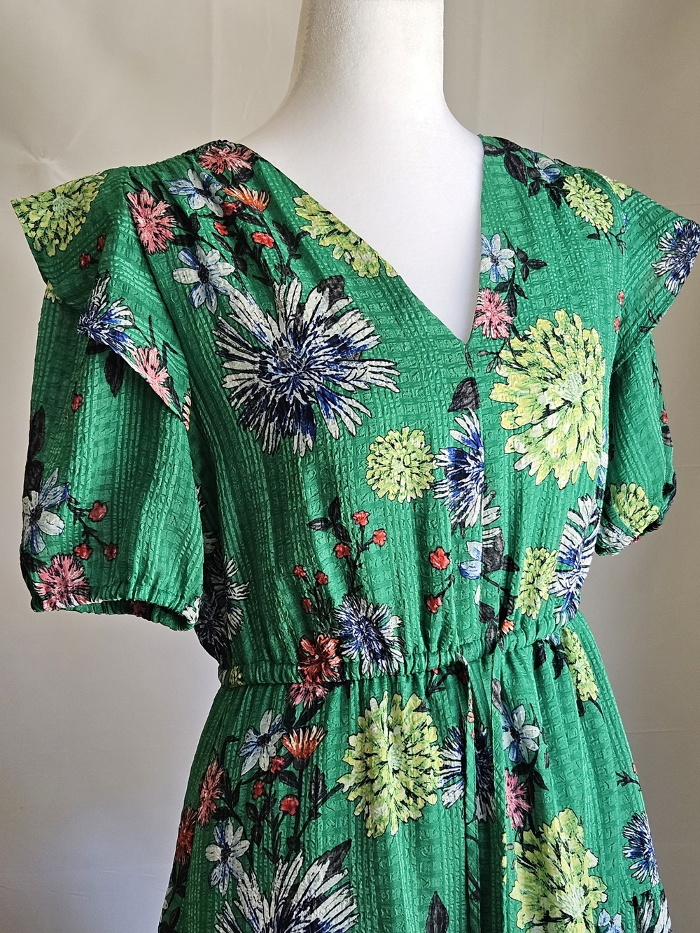 ​LOFT Floral Tiered Midi Dress Green Ruffle Sleeve Size XS - Picture 6 of 16